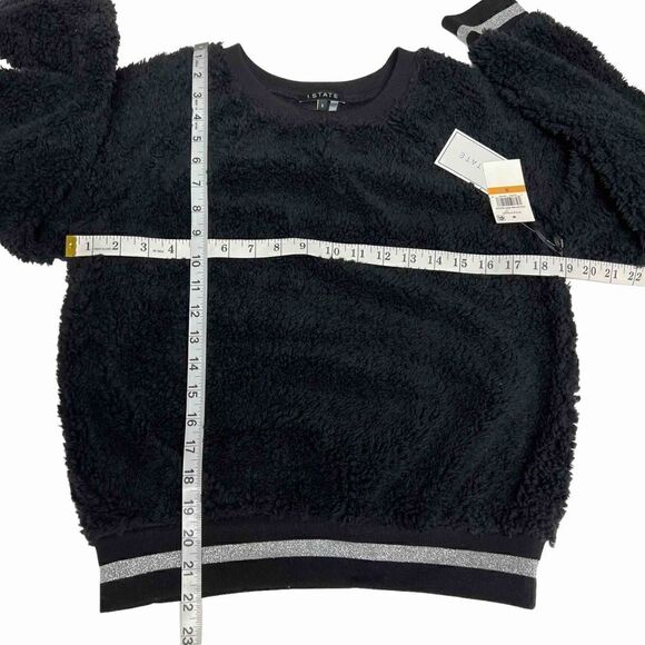 1. State Teddy Fuzzy Sweatshirt Pullover Top Black Silver Metallic Trim Small - Picture 8 of 16
